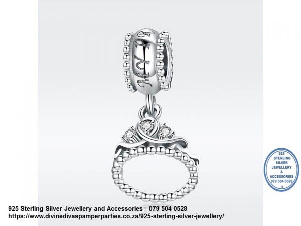 925 Sterling Silver Dangle Princess Tiara with cut out detail Charm. Pandora Compatible
