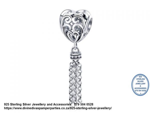 925 Sterling Silver Open work Love Charm with Tussle Love Floats  Detail Dangle Tussle  Charm. Pandora Compatible