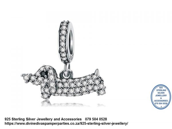 925 Sterling Silver Cubic Detail Sausage Dog Charm. Pandora Compatible 