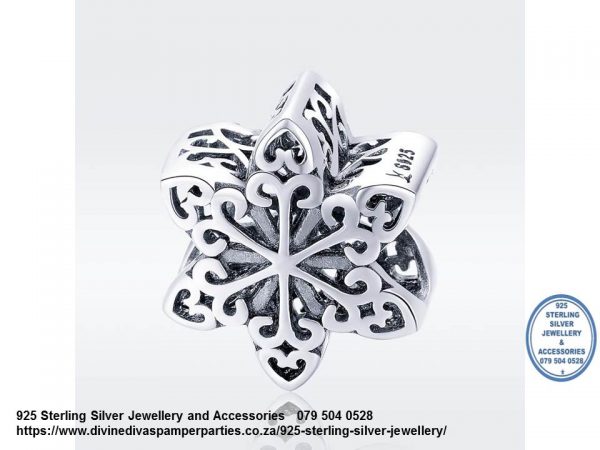 925 Sterling Silver Snowflake Cut out detail  Charm. Pandora Compatible