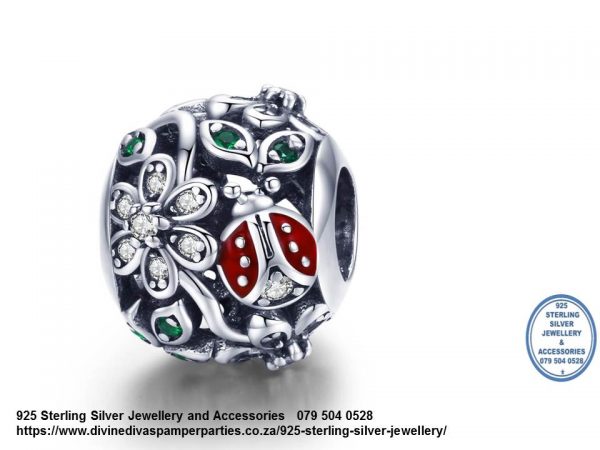 925 Sterling Silver Enamel Ladybug garden  Detail Charm. Pandora Compatible 