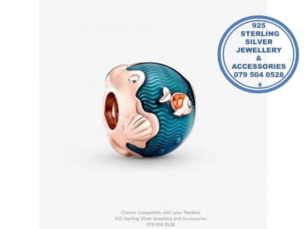 925 sterling Silver Charm Shimmering Ocean Waves & Fish . Pandora Compatible 