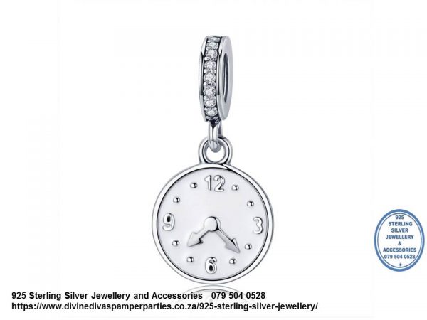 925 Sterling Silver  Detail Enamel Time Clock  Dangle Charm. Pandora Compatible 