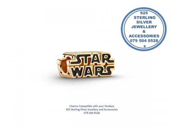 925 Sterling Silver Logo Words  Wars Pandora Compatible Charm Gold Plated ontop of Real Sterling Silver 