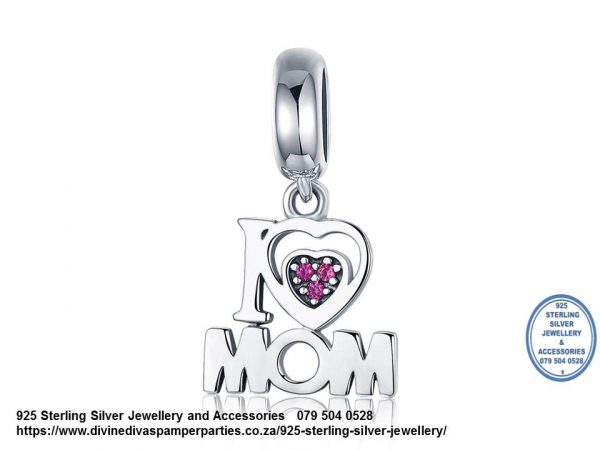 925 Sterling Silver I Love Mom Charm with Cubic detail in Pink. Pandora Compatible.