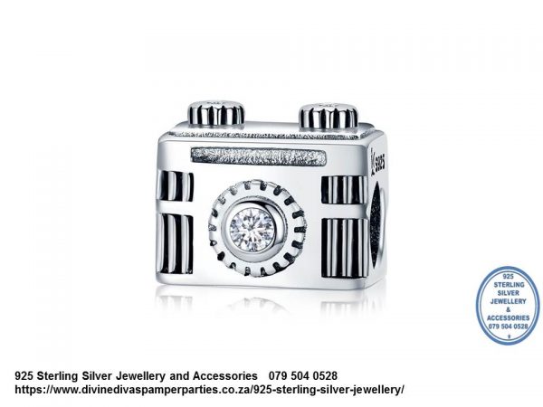 925 Sterling Silver Camera with Cubic Detail Charm. Pandora Compatible.