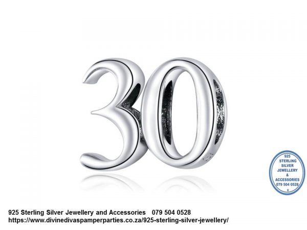 925 Sterling Silver  Number  30 Thirty Celebration Birthday Charm. Pandora Compatible 