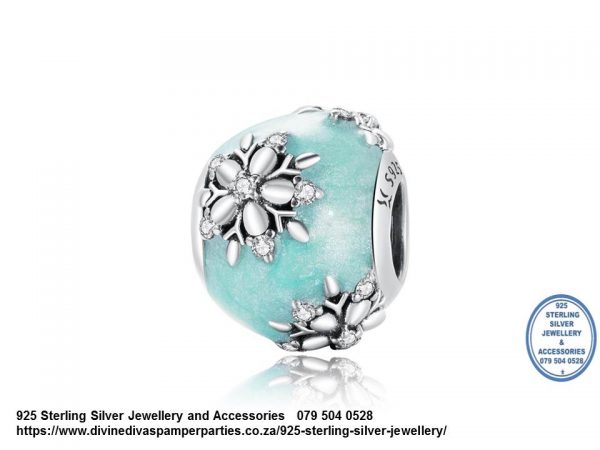 925 Sterling Silver Frozen Snowflake  Silver Detail, on Blue Charm Bead . Pandora Compatible 