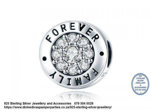 925 Sterling Silver Cubic Detail Forever Family Large Round Charm with many Cz. Pandora Compatible 