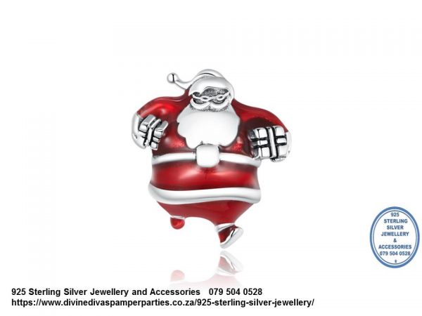 925 Sterling Silver Red Enamel Detail Here Comes Santa Christmas Cubic Detail Charm. Pandora Compatible 