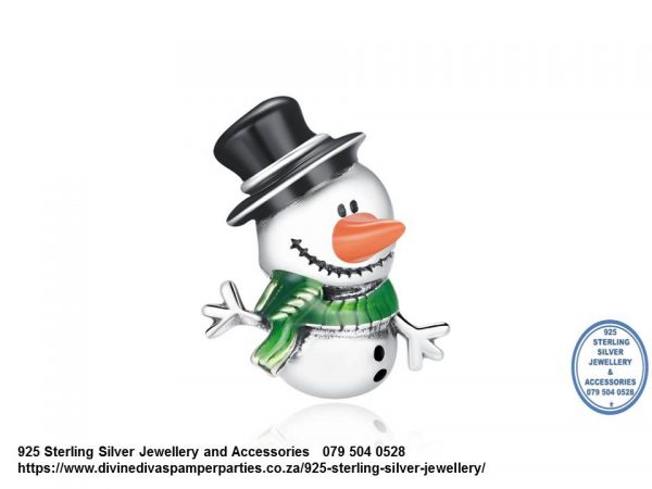 925 Sterling Silver Enamel  Detail Colorful Happy Christmas Snowman Charm. Pandora Compatible 