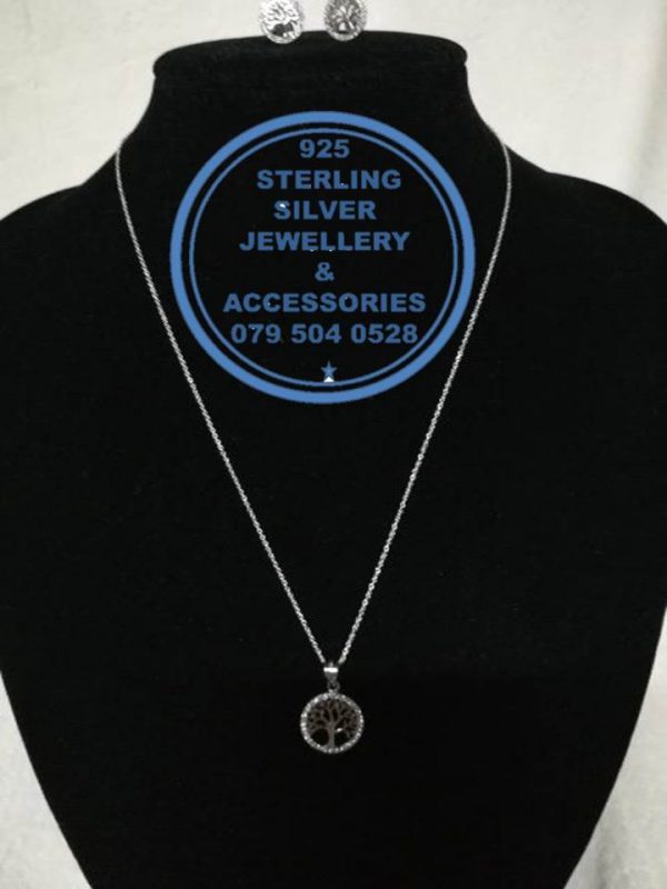 925 Sterling Silver Tree of Life with cubic detail Pendant , Chain , Earrings SET