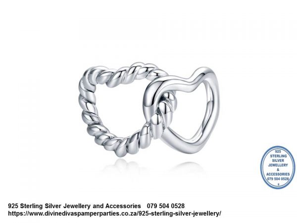 925 Sterling Silver Intertwined Double Hearts Love Detail Charm. Pandora Compatible