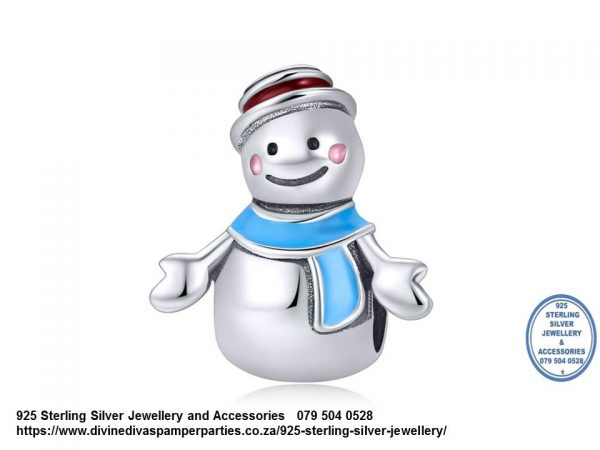 925 Sterling Silver  Detail Snowman with Blue enamel  scarf and hat Charm. Pandora Compatible 