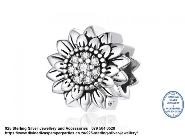 925 Sterling Silver Sunflower with Cubic Charm. Pandora Compatible 
