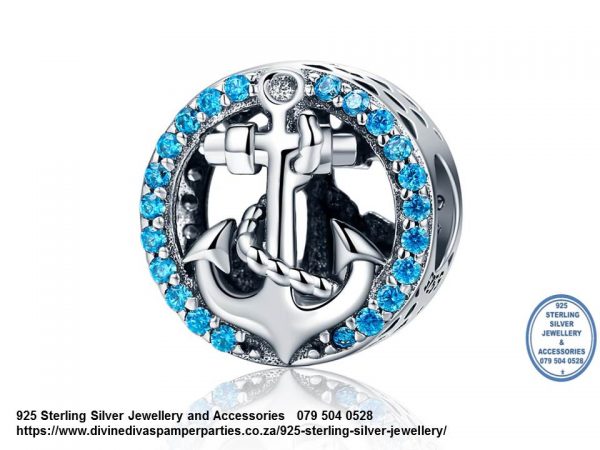 925 Sterling Silver Cubic Blue Circle Silver Anchor Detail Charm Bead . Pandora Compatible 