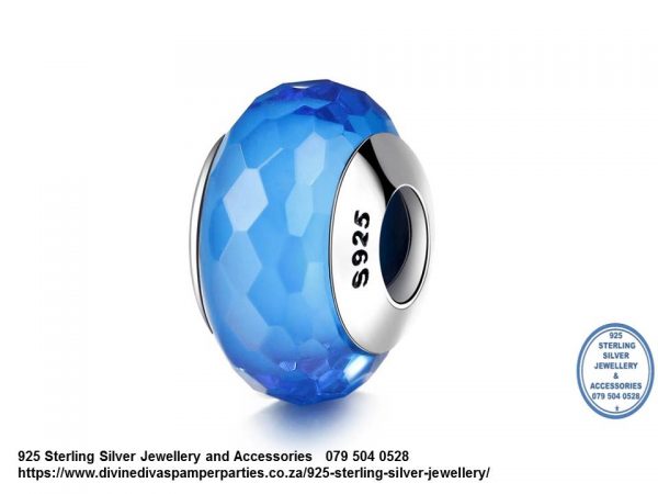 925 Sterling Silver Blue Faceted Charm Bead . Pandora Compatible