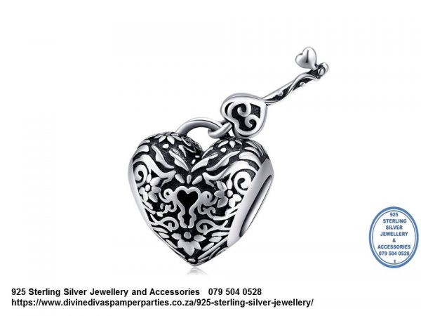 925 Sterling Silver Cutout Detail  Key to my Heart Love Charm. Pandora Compatible 