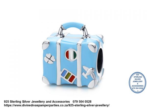925 Sterling Silver Blue Enamel Detail Travel Suitcase Charm. Pandora Compatible