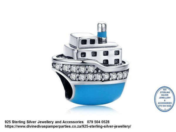 925 Sterling Silver Cubic Cz detail with Enamel Cruise Ship Travel Charm. Pandora Compatible