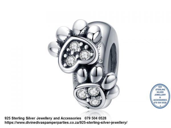 925 Sterling Silver Paw Prints Detail CZ Spacer Bead Charm. Pandora Compatible