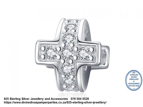 925 Sterling Silver Cubic Detail Cross Spacer Faith Charm. Pandora Compatible