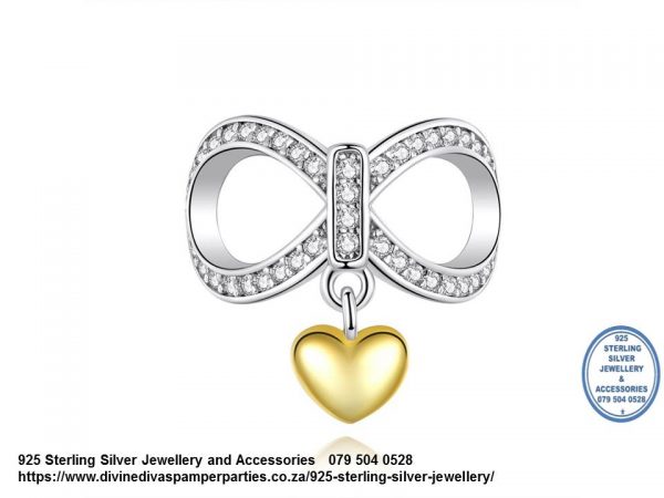 925 Sterling Silver Dangle Gold Plated Heart Cubic Detail Infinity Charm. Pandora Compatible