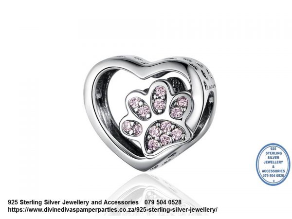 925 Sterling Silver Cz Cubic detail Paw Prints Charm. Pandora Compatible