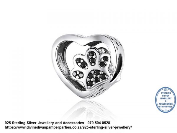 925 Sterling Silver Cz Cubic detail Black Paw Prints Charm. Pandora Compatible