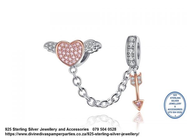 925 Sterling Silver Safety Chain Cupid Heart sand Arrow  Cubic Detail and Rose Gold Plated onto Sterling Silver . Pandora Compatible