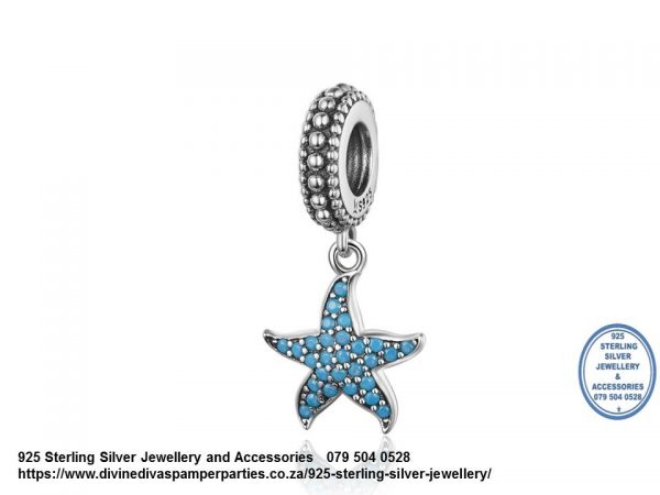 925 Sterling Silver Dangle Blue Cubic Detail Starfish Charm. Pandora Compatible