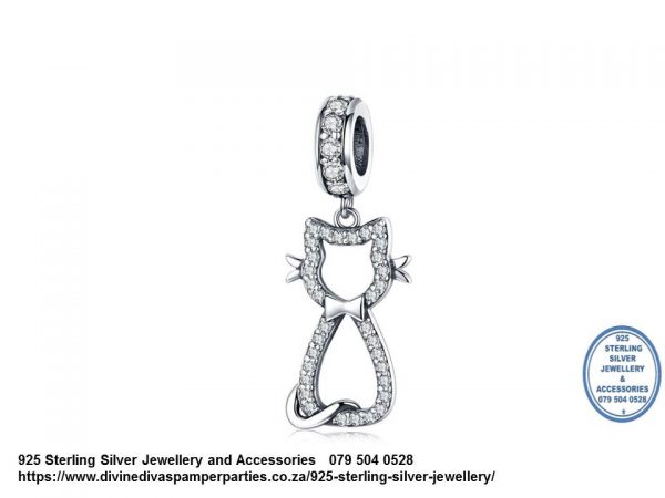 925 Sterling Silver Dangle Cat Silhouette Cubic Detail Charm. Pandora Compatible