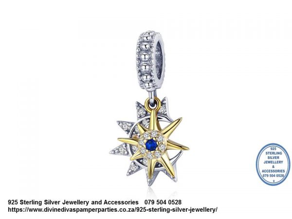 925 Sterling Silver Double Dangle Moon & Sun Gold Plated Charm. Pandora Compatible