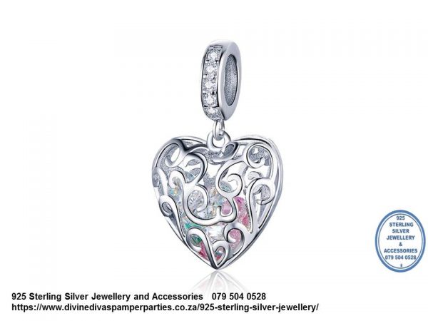 925 Sterling Silver Dangle Heart Detail Charm. Pandora Compatible