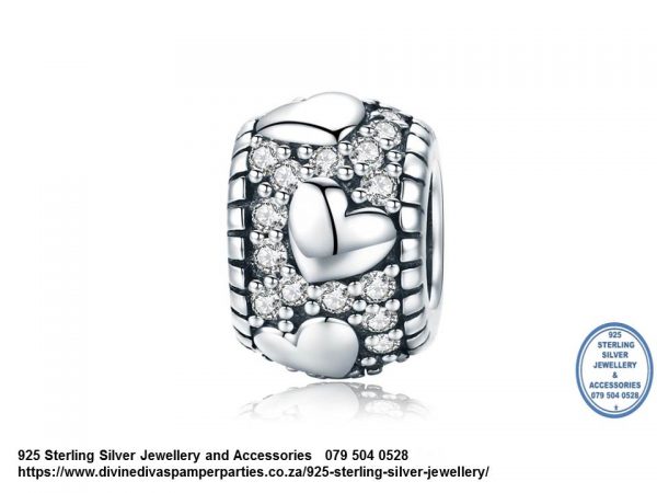 925 Sterling Silver Cubic Detail Charm Bead with hearts all round . Pandora Compatible