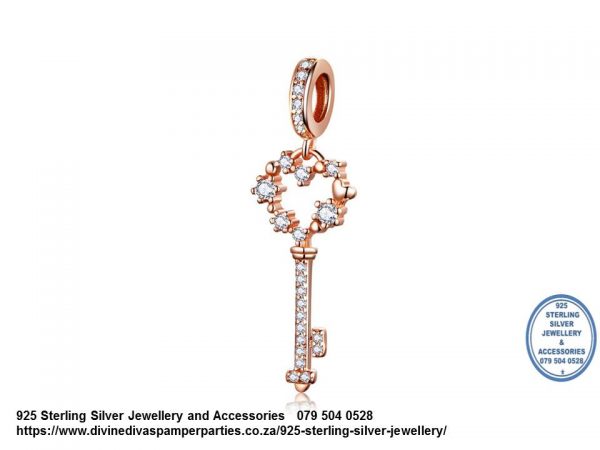 925 Sterling Silver Dangle Key Celebration Love Charm plated. Pandora Compatible