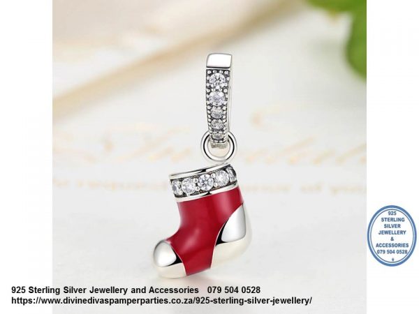 925 Sterling Silver Dangle Christmas Stocking with cz and enamel detail Charm. Pandora Compatible