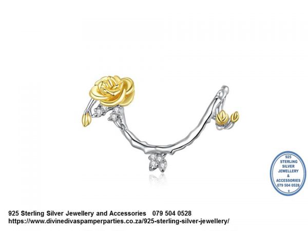 925 Sterling Silver Beauty and The Beast  Rose Gold Plated Curling Vine Stem Charm. Pandora Compatible