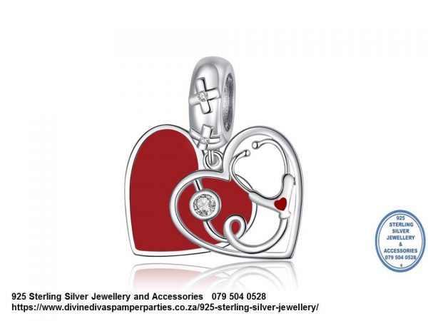 925 Sterling Silver Red Enamel Heart Double Dangle Doctor Nurse Medical Stethoscope Charm. Pandora Compatible