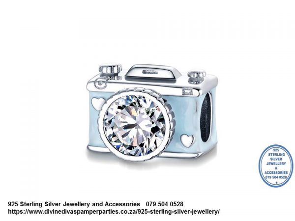 925 Sterling Silver Blue Enamel and Cubic Detail Camera Charm. Pandora Compatible