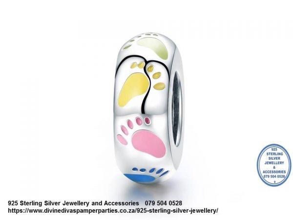 925 Sterling Silver Enamel Detail Baby Footprints Colorful Charm Bead Spacer . Pandora Compatible 
