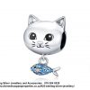 925 Sterling Silver CZ Detail Cat with Fish Dangle Charm. Pandora Compatible