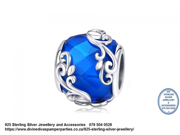 925 Sterling Silver Damask Filigree Detail on Blue Charm Bead. Pandora Compatible