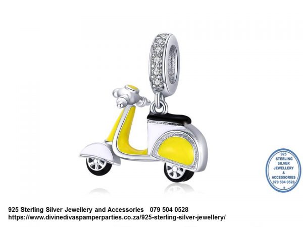 925 Sterling Silver Yellow Enamel Detail Vespa Scooter Charm. Pandora Compatible