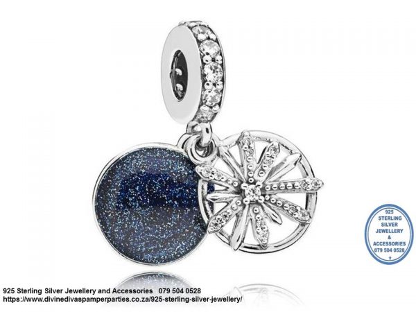 925 Sterling Silver Flower Fireworks Inspiration Dangle Charm. Pandora Compatible