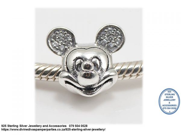 925 Sterling Silver Mickey Mouse Cz Cubic Detail Charm Bead. Pandora Compatible