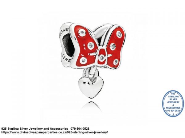925 Sterling Silver Minnie Mouse Bow with  Red Enamel detail Charm Bead Dangle Heart. Pandora Compatible