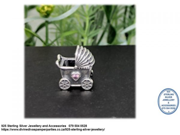 925 Sterling Silver Baby Pram Stroller Charm Bead Cz. Pandora Compatible