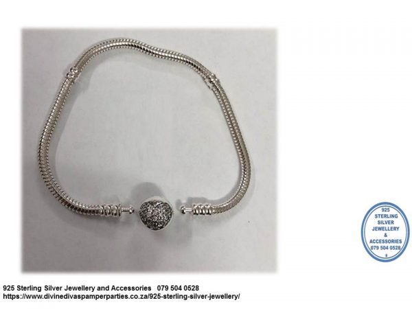 925 Sterling Silver Snake Round Cubic Clip  Chain Bracelet for Charms. Pandora Compatible