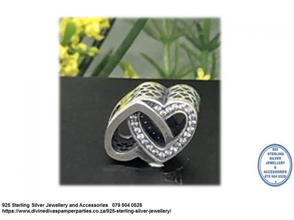 925 Sterling Silver Free Hand Hearts Intertwined Cz Cubic Detail Charm Bead. Pandora Compatible